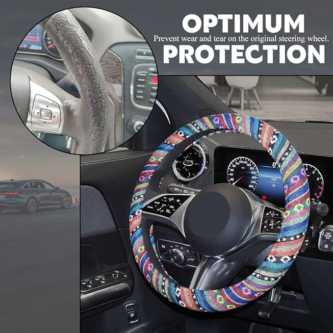 Boho Steering Wheel Cover, Steering Wheel Cover Women, 15 inch Hippie Style Protector Covers, Universal Ethnic Flax Cloth Car Accessories Universal for SUV Van Truck (Hippie-A)