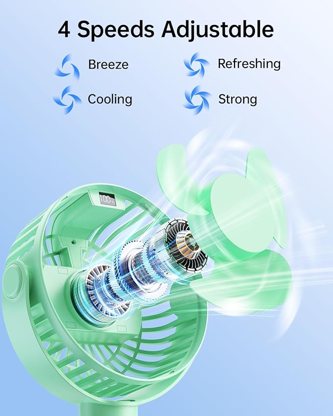 SWEETFULL Portable Stroller Fan with LED Display, 4 Speed Rechargeable Mini Clip On Fan, 360° Rotate Flexible Tripod Better Cooling Small Baby Fan for Car Seat Crib Travel Bike Treadmill (Green)