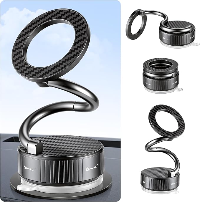 LivTee Vacuum Magnetic Phone Holder for Your Car, The 360° Adjustable Suction Cup Phone Mount with a Sleek Metallic & Carbon Fiber Design, Features a 3000gf Magnet, Fits Magsafe, Fits iPhone & Android