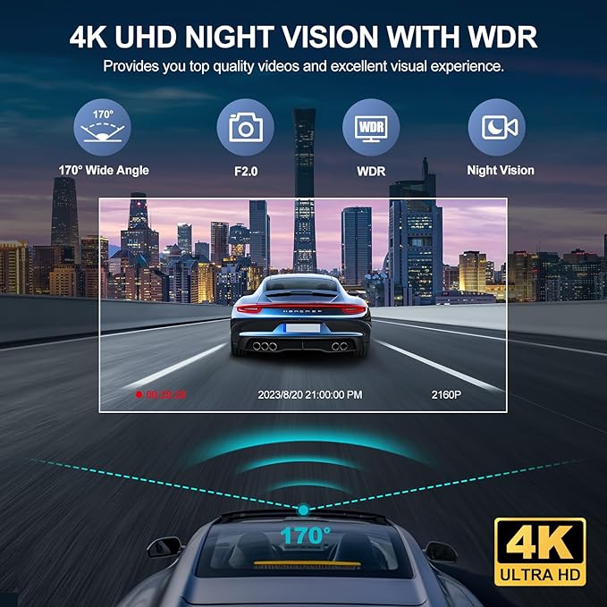 4K 3 Channel Dash Cam with 64GB Card, 4K+1080P+1440P Dash Cam Front and Rear Inside, Dash Camera for Cars with Motion Detection, 24H Parking Mode, Super Night Vision, Loop Recording