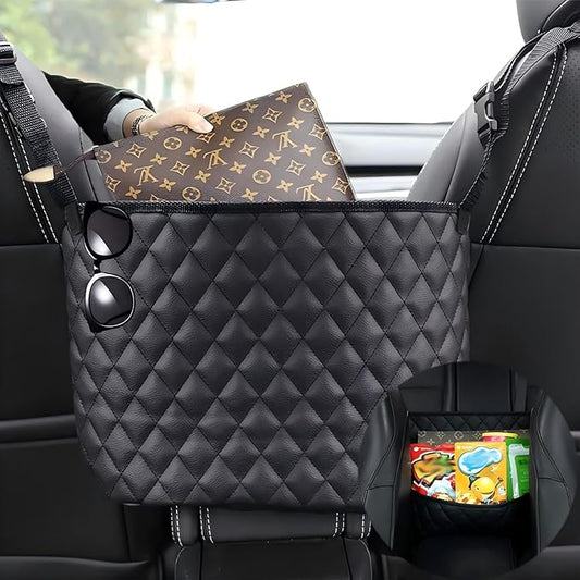 Car Net Pocket Handbag Holder，Purse Holder for Between Seats，Leather Seat Back Organizer Mesh Large Capacity Bag，Handbag Between The Two Seats