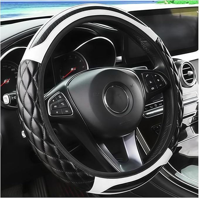 Carbon Fiber Car Steering Wheel Cover, Leather Breathable Non-Slip 14.5-15 Inch Vehicle Steering Wheel Protector, Auto Interior Protection Accessories, Universal for SUV Sedan Truck(White)