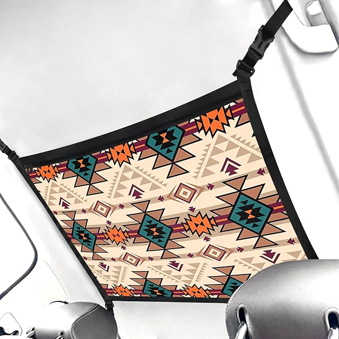 Aztec-Style Car Storage Mesh Organizer Ceiling Cargo Net Double-Layer Adjustable Zipper Truck SUVs Travel Road Trip Essentials etc. Interior Organizer
