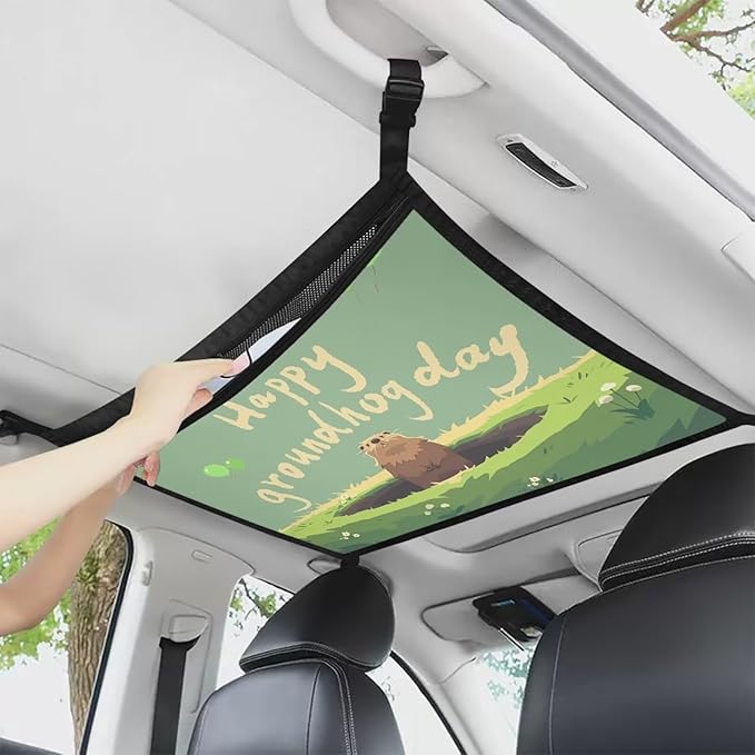Generic Cute Groundhog Car Ceiling Cargo Net Pocket Hanging Storage Bag with Zipper 31.69"x24.02" Double-Layer Mesh Car Roof Storage Organizer Long Road Trip Truck SUV Travel Camping