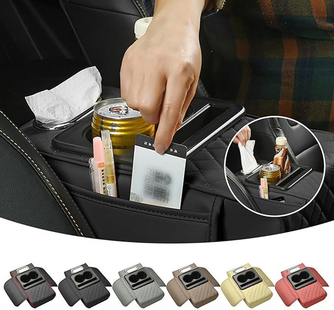 Car Armrest Cushion, 5-in-1 Center Console Cover with 2 Storage Bags Cup Holder, Cup Holder Tissue Slot Phone Slot for Car, Universal Car Armrest Box Cover Protection Pad for Most Vehicles (A)