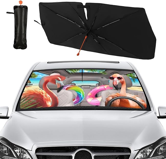 Socira Funny Flamingo Car Windshield Sun Shade Umbrella Foldable Sunshade for Front Window Auto Windshield Sunshade Covers Car Accessories Protect from Sun Rays Heat 57'' X 30''