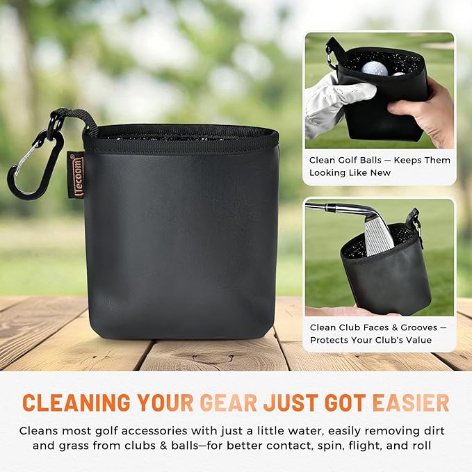 Teccom Golf Club and Ball Cleaning Bag, Golf Cleaner Pouch with Three-Layer Waterproof Fabric Technology, Microfiber Layer, Neoprene, PU Leather Exterior, Detachable Clip, Golfer Gift
