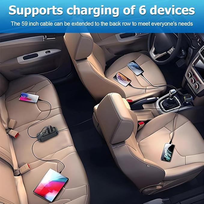 Car Charger with 6 Multi Ports USB Type C, 66W & QC3.0 Fast Charging Adapter Auto Cigarette Lighter Plug, for iPhone 15 Max Pro Samsung Android Smart Phone Tablets & More