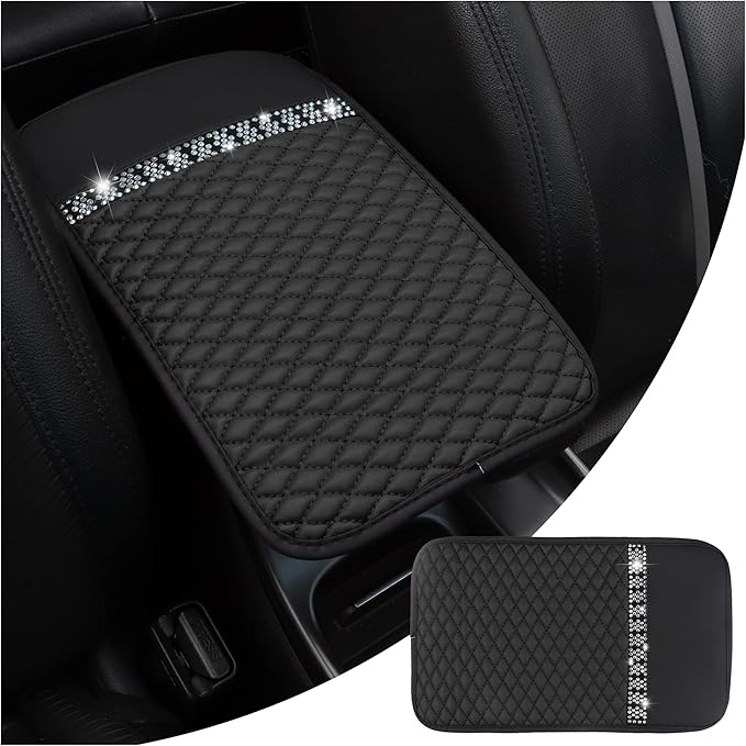 Bling Leather Car Armrest Box Cover,Car Center Console Protector with Colorful Crystal Rhinestones,Anti-Scratch Waterproof Car Armrest Seat Pad for Most Car,SUVs,Trucks (Black)