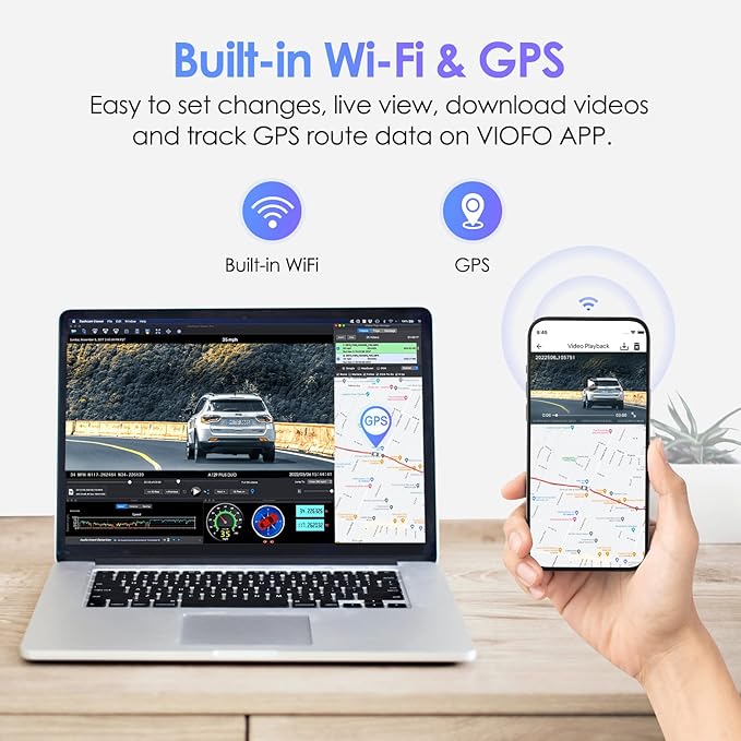 VIOFO Dual Dash Cam, 2K 1440P 60fps+1080P 30fps Front and Rear Dash Camera with Wi-Fi GPS, Parking Mode, Emergency Recording, Super Capacitor, Motion Detection (A129 Plus Duo) (Renewed)