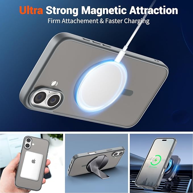 SUPFINE Magnetic for iPhone 16 Plus Case(Compatible with MagSafe)(Military Grade Drop Protection) Slim Translucent Matte Shockproof with Anti-Fingerprint Phone Case,Gray
