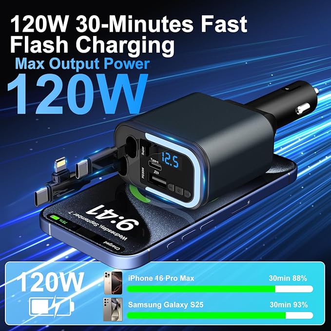 5-in-1 120W 30-Minutes Fast Flash Charging Retractable Car Charger, Wireless Bluetooth FM Transmitter, Type-C+USB-A Car Charger Adapter, Compatible with iPhone 17/16/15/14/13 Pro Max & Android Devices