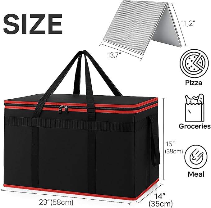 Bodaon 2-Pack Insulated Food Delivery Bag With Hard Bottom, XXXL Pizza Cooler Bags, Rideshare Delivery Bag, Catering bag Thermal Cold/Hot Styrofoam Carrier for Shopping/Travel/Car