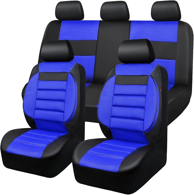 CAR PASS Leather 3D Foam Back Support Car Seat Covers Full Set Air Mesh Automotive Seat Covers, All Season Car Seat Cover Fit Automotive,SUV,Sedan,Van, Airbag Compatible Elegance(Black and Blue Royal)