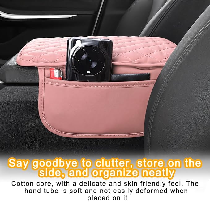 Mandark Car Center Console Cover, Microfiber Leather Vehicle Armrest Protector Cushion with 2 Storage Bags, Auto Interior Arm Rest Seat Box Pad Accessories, Universal for SUV, Sedan, Truck (Pink)