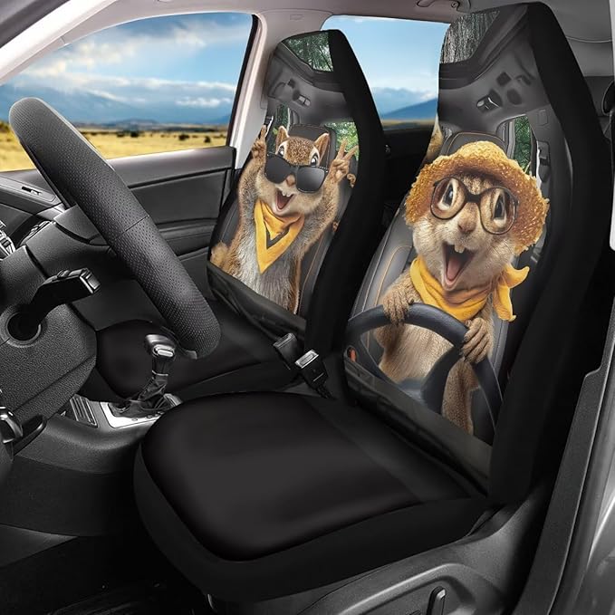 Funny Front Seat Covers for Cars Happy Squirrel All Weather Bucket Seat Covers Scratchproof Automotive Seat Cushion Covers for SUV,Vans,Sedans,Trucks
