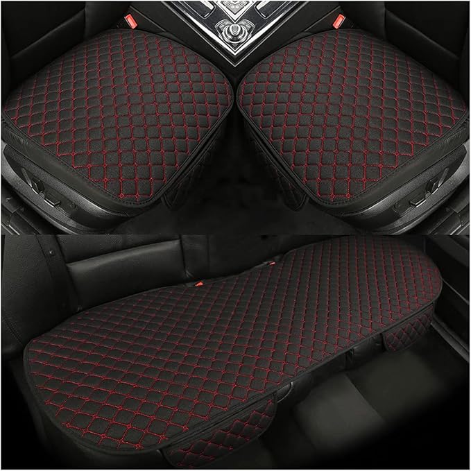 3PCS Set Car Seat Cushion for Front and Back Seat, 3D Soft Linen Breathable Auto Seat Cover, Comfort Non-Slip Rubber Bottom, Car Seat Protector Pad Universal for Office Chair, Home (Black/Red/3PCS)