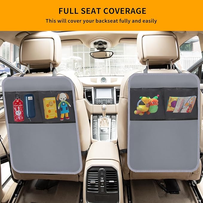 2 Pack Kick Mat Backseat Protector,Back Seat Cover for Kids,Car Seat Back Protectors with 2 Pocket Storage Organizer for Car, SUV, Minivan or Truck Seats (Grey)