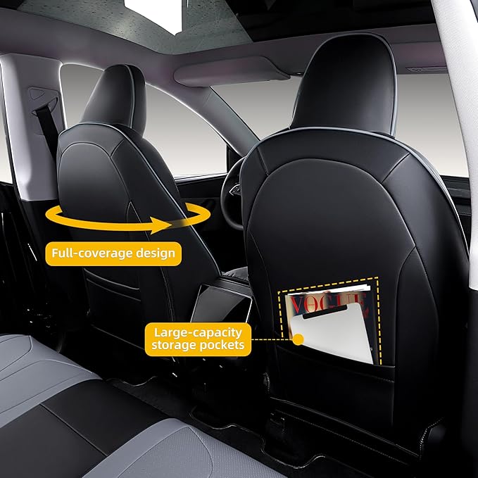 Custom Fit Seat Covers for 2025 2026 Tesla Model Y Juniper (5-Seater), Waterproof Breathable Nappa Leather, OEM Factory Style Full Set Car Seat Protectors Airbag Compatible - Black+Grey