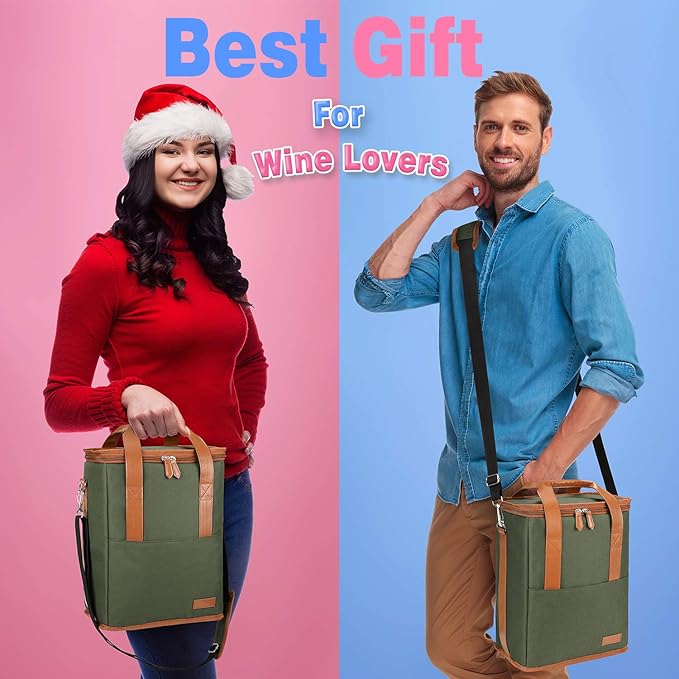 Tirrinia 6 Bottle Wine Gift carrier - Insulated & Padded Wine Carrying Cooler Tote Bag with Handle and Adjustable Shoulder Strap for Travel or Picnic, IDEAL Wine Lover Gift, Oliver