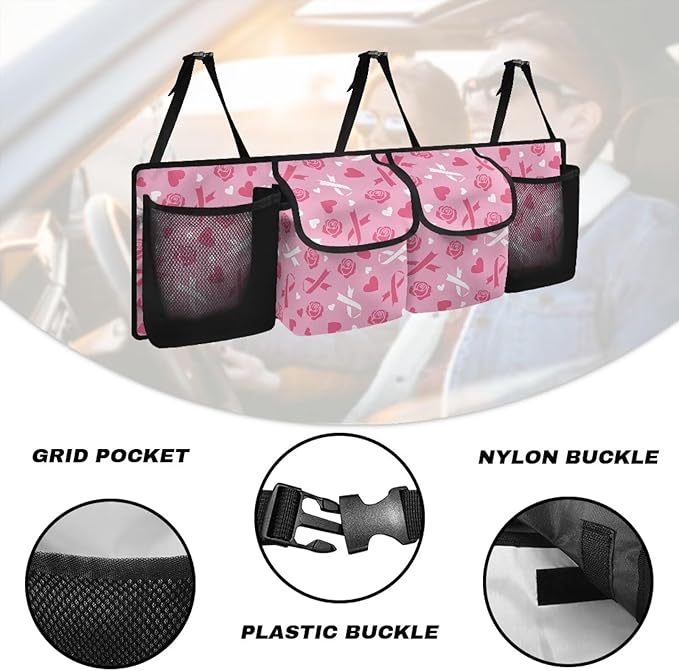 Pink Ribbon Roses Car Trunk Organizer Bag Car Back Seat Storage Bag with 4 Pockets Automotive Interior Accessories for SUV MPV Sedans Pickup Jeep Trucks
