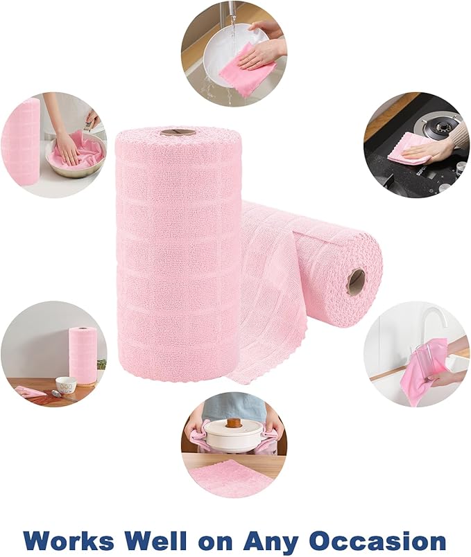 Ferdilan 80 Pack Microfiber Cleaning Cloth Roll,Lint Free Rags Paper Towels & Tear Away Reusable Towels,Washable Shop Rags,Wash Cloths Dish Rags(12" x 12") for Car Kitchen Window Garage-Pink