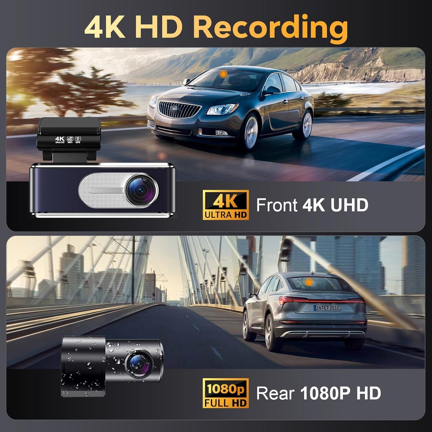 Dash Cam Front and Rear - 4K HD Dual Dash Camera for Cars, Built-in 5G WiFi GPS, 64GB Card, Dashcam with 3.2" IPS Screen, UHD Night Vision, HDR, App Control, 24H Parking Monitor