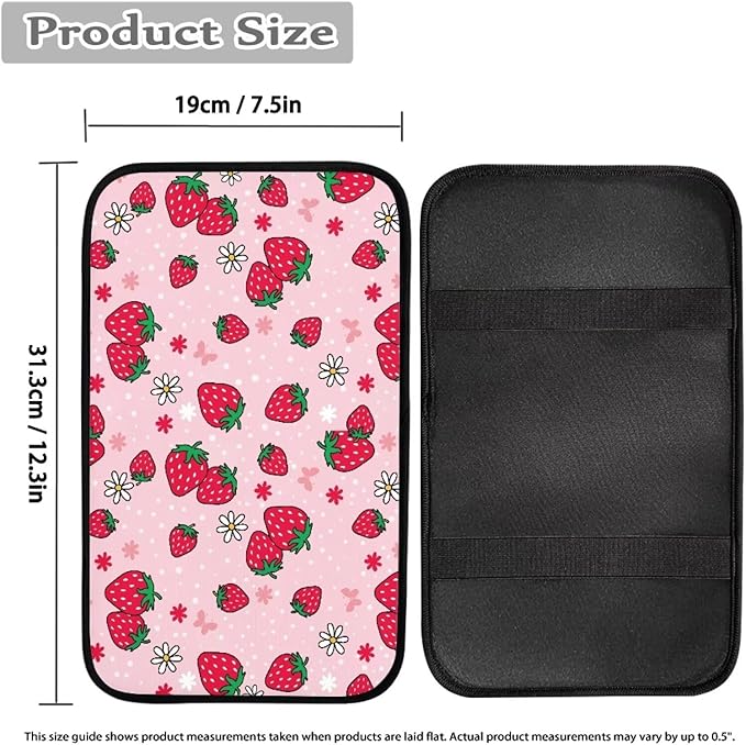 Strawberry Car Center Console Cover for Women Soft Comfy Car Arm Rest Cover Pad Universal Non-Slip Armrest Covers for Truck Van SUV
