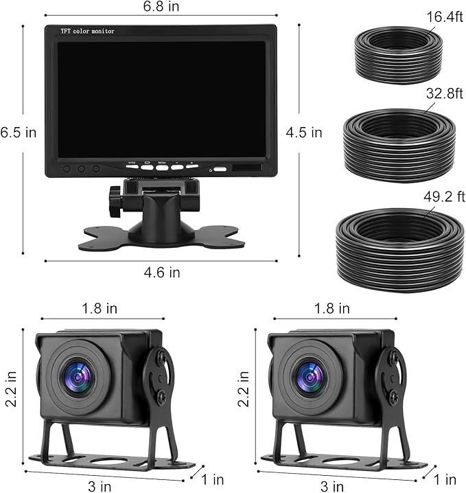 Kairiyard Dual RV Backup Camera with 7 Inch Monitor, AHD 1080P, 2 Channel, DIY Guide Lines 150 Degree Wide View Angel Wired Reverse Rear View Camera for Truck Car Trailer Camper Tractor