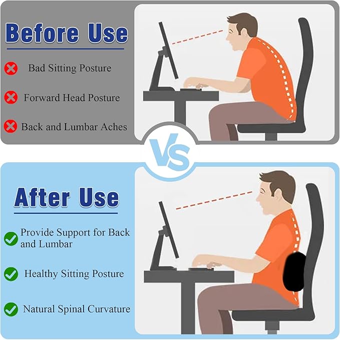 Back Lumbar Support Cushion for Office Chair - Soft Memory Foam Back Pillow for Back Pain - Bolster Cushion for Long Sitting, Driving, Travel, Bed - Versatile Pillow (Blue)
