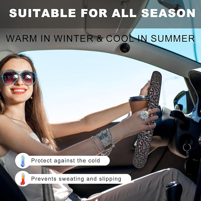 Pink Black Leopard Cheetah Print Steering Wheel Cover, Cute Anti-Slip Breathable Car Accessories Interior Elastic Steering Wheel Cover for Women Fit Auto, SUV Vans Truck Universal 14.5-15 Inch