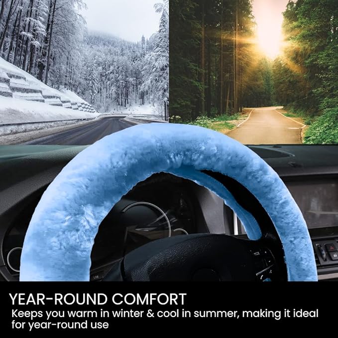 Andalus Brands Luxury Fluffy Car Steering Wheel Covers – Genuine Merino Sheepskin, Soft Fuzzy Car Steering Wheel Cover for Women, Universal 14.5-15" Size, Plush Fur Cute Auto Accessories, Sky Blue