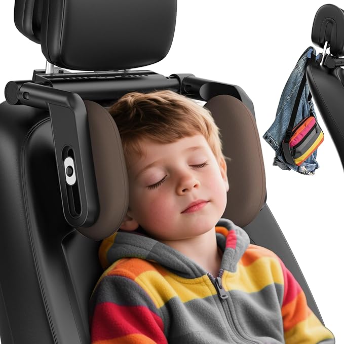 Car Headrest Pillow, 4-Way Adjustable Car Headrest,Thickened Memory Foam Road Pal Headrest, Neck Support Pillow, U- Shaped Design, Travel Car Sleeping,Suitable for Kids and Adults(Brown)