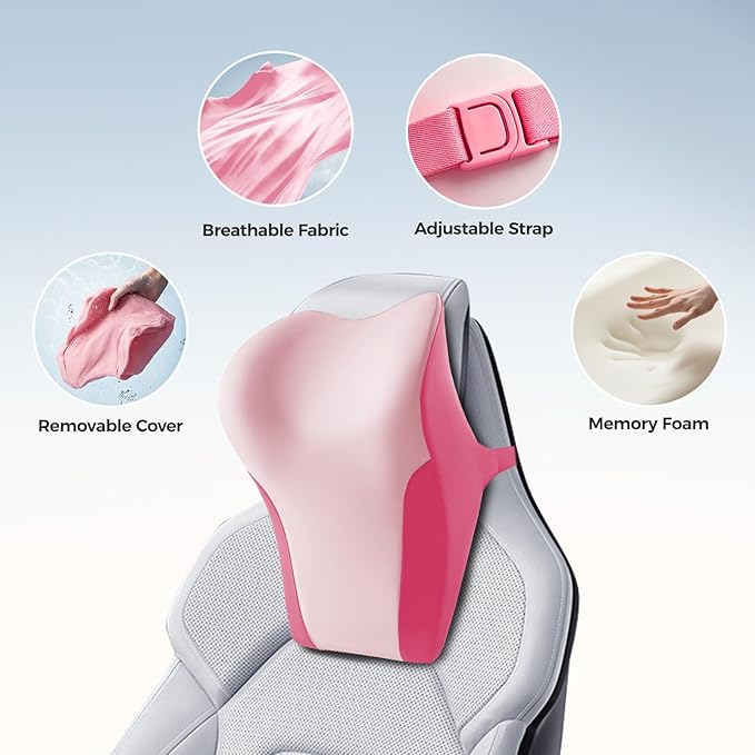 BABUR Car Headrest Pillow | Ergonomic Memory Foam Neck Shoulder Support Pillow with Adjustable Design & Enlarged Surface | Pain Relief for Driving Travel Sleeping | Pink1 Pack