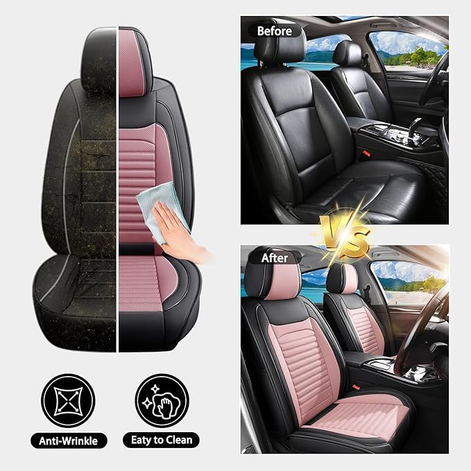 Truck Seat Covers Full Set Fit for Toyota Tacoma 2001-2026, Premium Faux Leather Car Seat Protector,Breathable Anti-Slip Full Wrapping Edge Seat Covers(Black&Pink,Full Set)