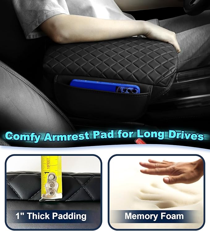 Center Console Cover for Ford Explorer Arm Rest Lid, Diamond Quilted Armrest Pad with 1-Inch Comfort Lift (2011-2019)