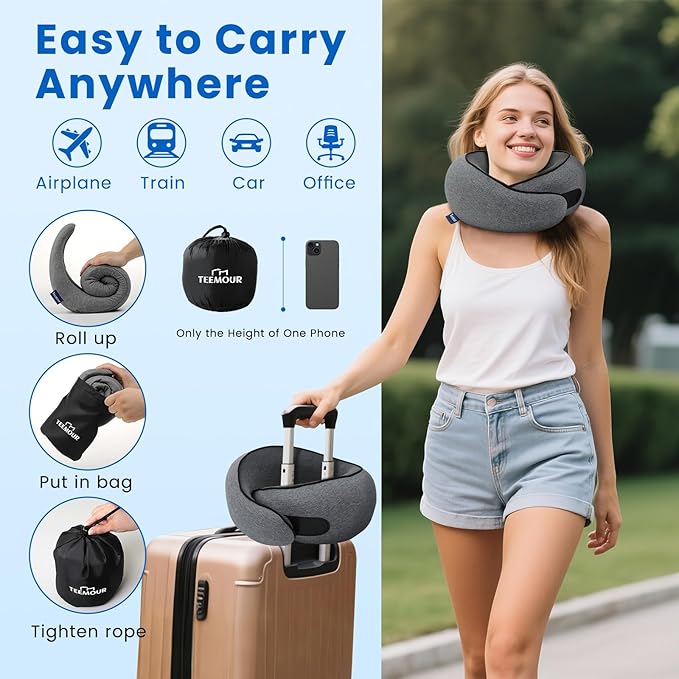 Travel Pillow Memory Foam Neck Pillow for Airplanes Long Flight Comfort 360° Support Airplane Pillow Design for Car Rides, and Home Use Travel Essentials, with Eye Mask, Earplugs and Storage Bag Large