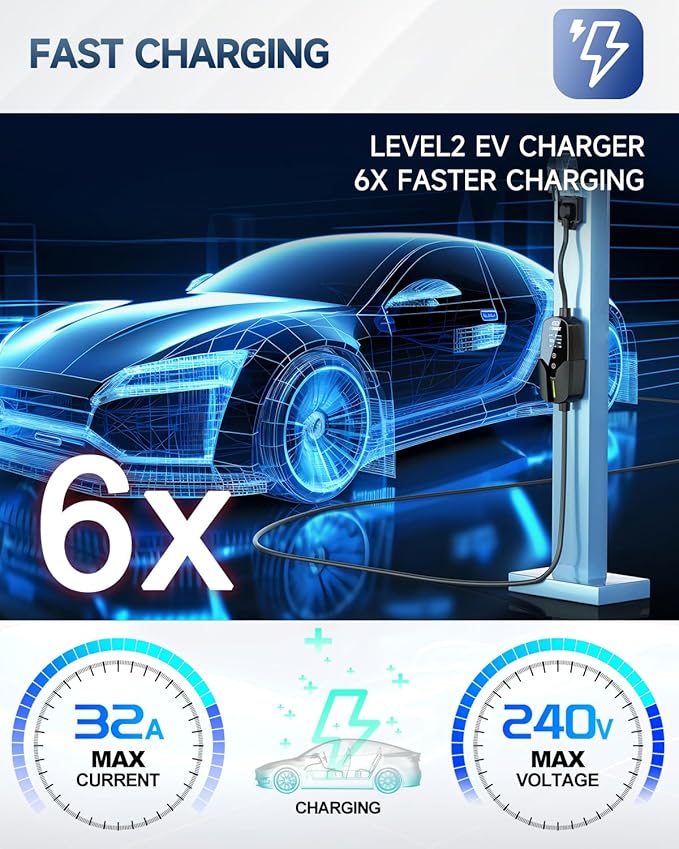 EVDANCE Level 2 EV Charger (32Amp, 240V, NEMA 14-50P), 7.68kW Fast Portable & Home Electric Car Charger with 25ft Cable, Adjustable Current/Delay Chargin for J1772 EVs