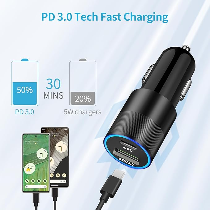 USB C Fast Charger Kits for Google Pixel 10 Pro XL/10/9 Pro Fold/8/7/7 Pro, Samsung S26/S25+, Looptimo 48W PD&QC 3.0 Car Cigarette Lighter Adapter + 20W Wall Charger Block + 2 Pack Type C Cable 3.3ft
