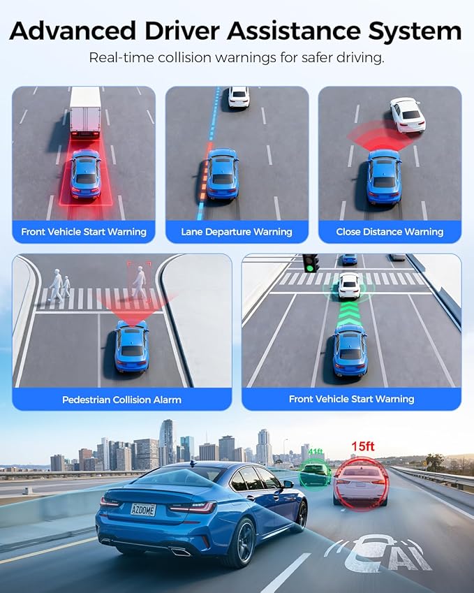 AZDOME ADAS Dash Cam Front and Rear, 4K+2.5K UHD Dash Camera for Cars, 64GB Card Included, Voice Control, Bulit-in 5.8GHz Wi-Fi GPS, 3.19'' IPS Screen Dashcam, Night Vision, 24H Parking Mode M550 Pro