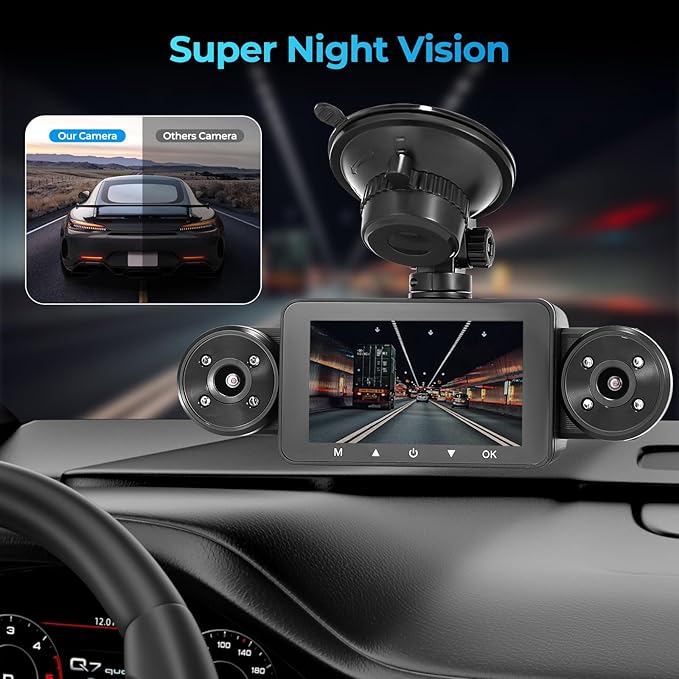 4 Channel Dash Cam 360° View, Include Front & Rear Left Right Camera Support 4 Way Recording, 32GB Card, 3” IPS Screen/Night Vision/WDR/24H Parking/G-Sensor（2G/4G/8G / 3 Split Screen (4 Channel)