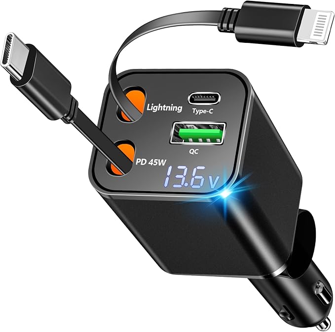 [Apple MFi Certified] Retractable Car Charger, Linocell 120W USB C Car Charger 4 in 1 PD/QC Type C Fast Charging Cigarette Lighter Adapter for iPhone 17/17 Pro Max/16/15/14/13/12/Galaxy S26/S25/Pixel