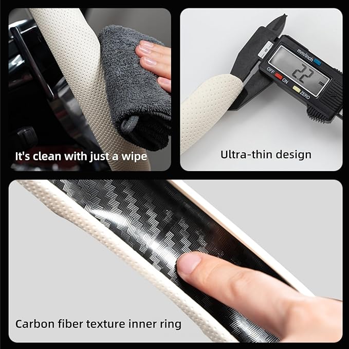 Universal 15 Inch Premium Nappa Leather Steering Wheel Cover - Non-Slip, Soft Comfortable Grip, Easy Install for Most Cars (Black)