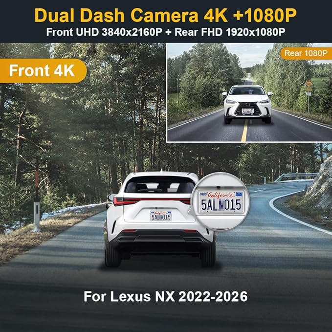 Fitcamx Front 4K+Rear 1080P Dash Cam Adapts for Lexus NX 2022-2026 & NX Hybrid 250 350 350h 450h, OEM Look, Dual HD Video, Built-in WiFi & APP, Loop Recording, G-Sensor, Easy to Set, 128GB Card