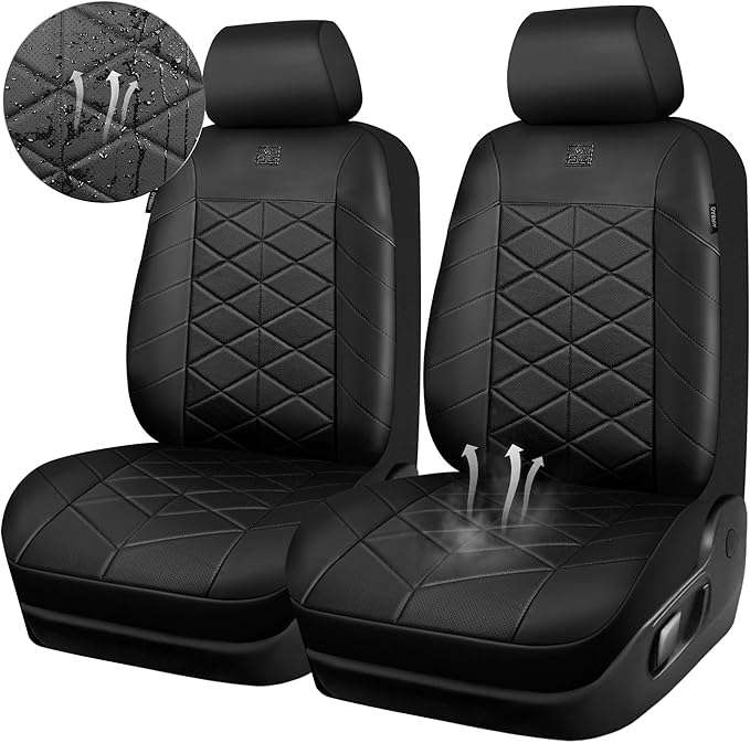 CAR PASS Leather Seat Covers Memory Foam, Waterproof Faux Leather Car Seat Covers Front Seats, Universal Fit for Cars, SUV, Trucks, Luxury Comfort Breathable, Thick 3D Foam Faux Leather All Black