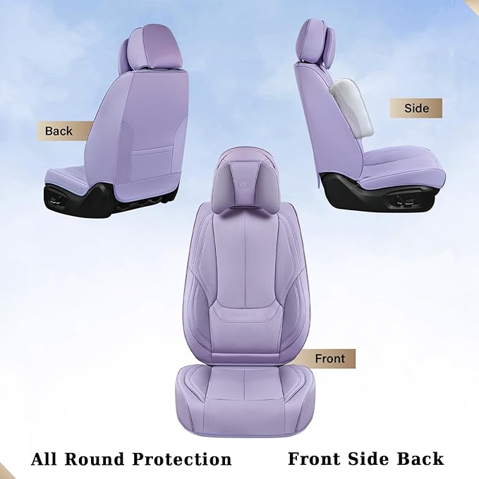 Coverado Universal Seat Covers Front, 2-Pack Universal Seat Covers for Cars, Waterproof Nappa Leather Car Seat Covers with Head Pillow, Auto Protectors Fit for Most Sedans SUV Pick-up Truck-Purple
