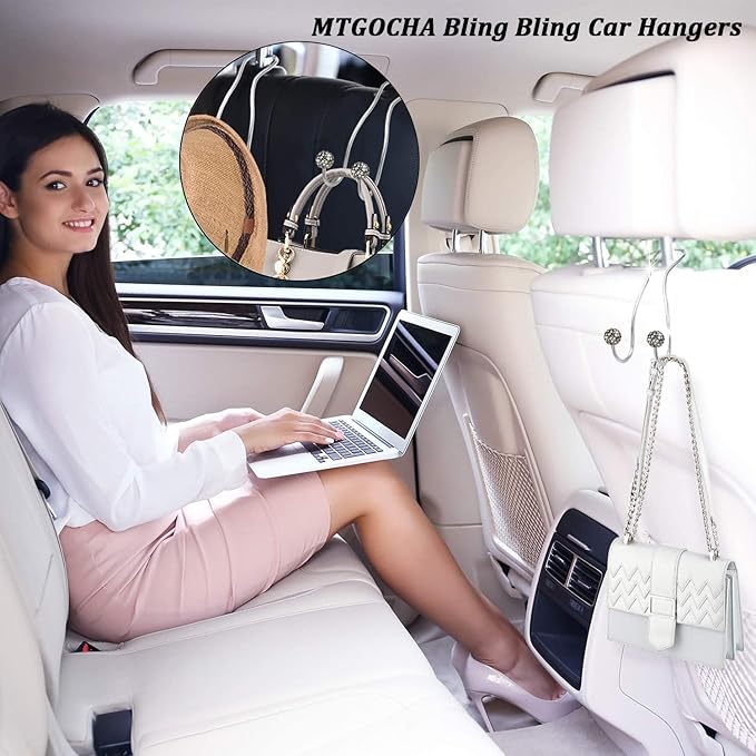 MTGOCHA Bling Purse Hook for Car Headrest, Upgraded Cute Car Seat Hooks for Bag Handbag, Durable Stainless Auto Purse Hanger Holder 2 Pack, Grey