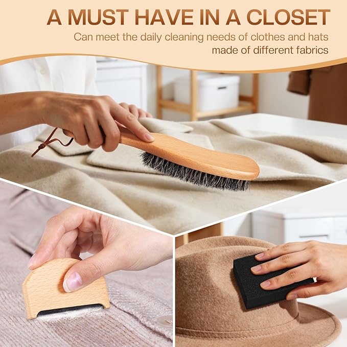 4 Pcs Horsehair Felt Hat Brush Kit with Cleaning Sponge Cowboy Clean Hat Wood Fedora Hat Cleaning Set Baseball Cap Lint Brush Remove Dust for Hair Furniture Suits Clothes(Style H)