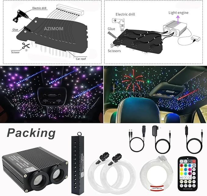 AZIMOM Dual Color 32W Fiber Optic Starlight Headliner Kits 900pcs 0.03in 9.8ft, RGB Meteor Shooting Star, Sound Activated Remote APP Control Home Car Ceiling Décor