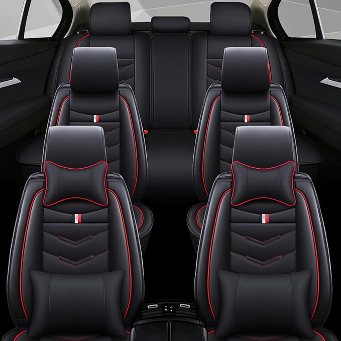 Car Seat Cover 7 Seats for Ford Explorer 2000-2025, Waterproof Durable Compatible Airbag, Premium Leather Seat Protector(7 Seats Luxury,Black Red)